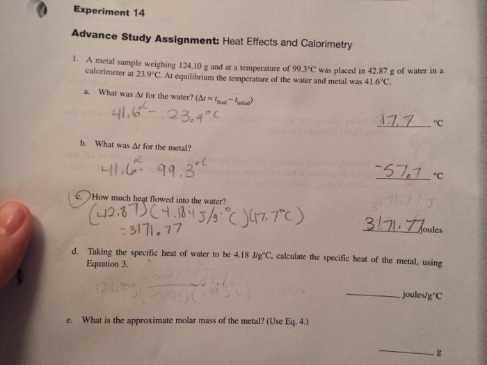 Experiment 14 heat effects and calorimetry advance study assignment answers